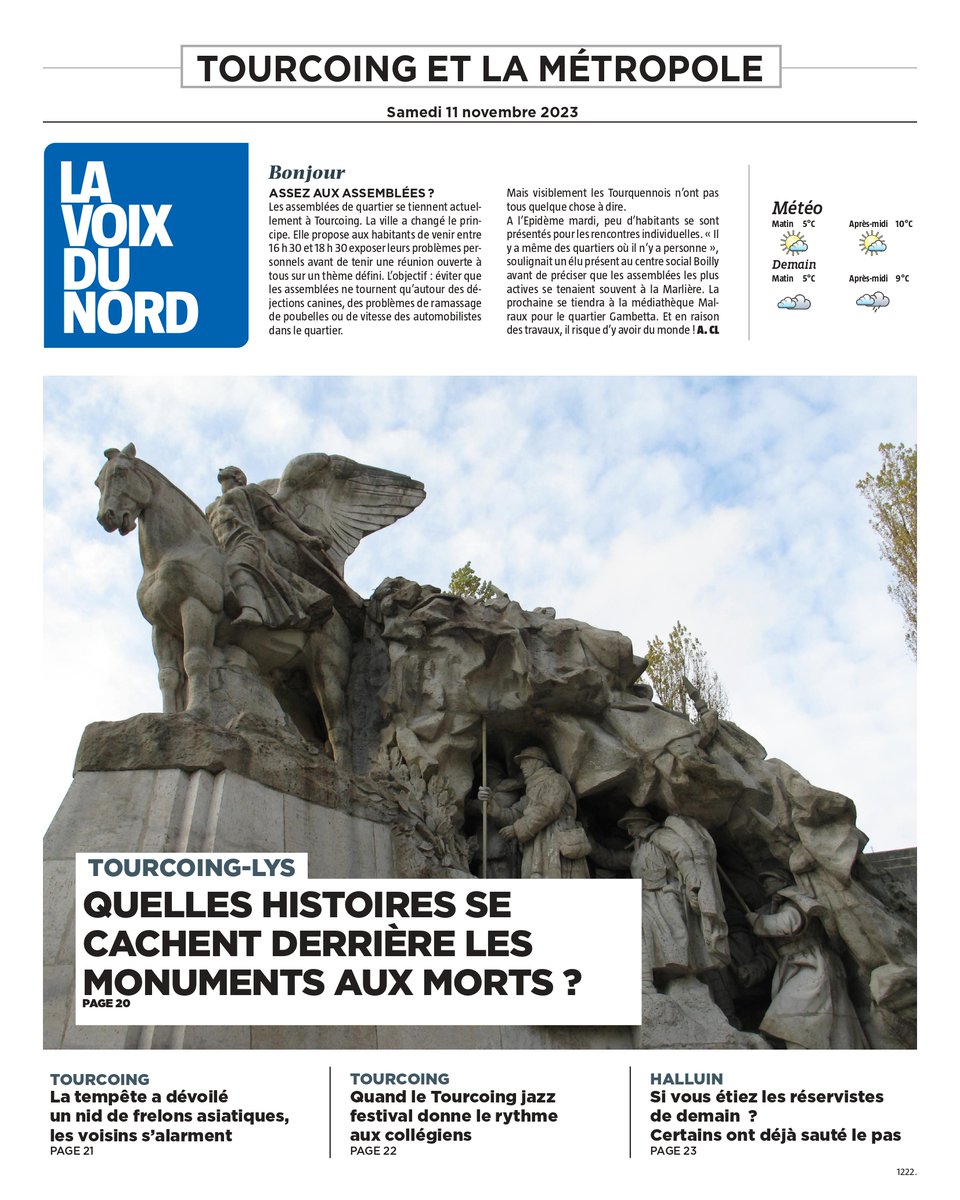 Bonjour. Voici la Une de votre édition de Tourcoing du jour.
Pour lire le journal en ligne, suivez le lien : journal.lavoix.com Bonne journée !