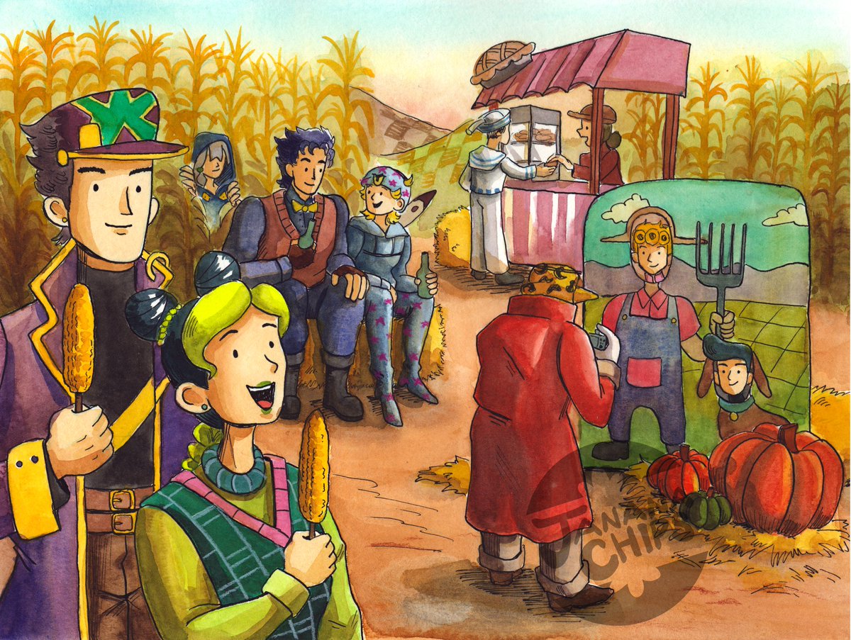 jananachips's tweet photo. 🌽All the Jojos at the Harvest Fair
This is my November and FINAL painting for my 2024 Jojo calendar!!! It's finally done! I need to do some graphic design for the interior but it will be fully complete by the end of the month. #jjba https://t.co/Emv5iqIyZK