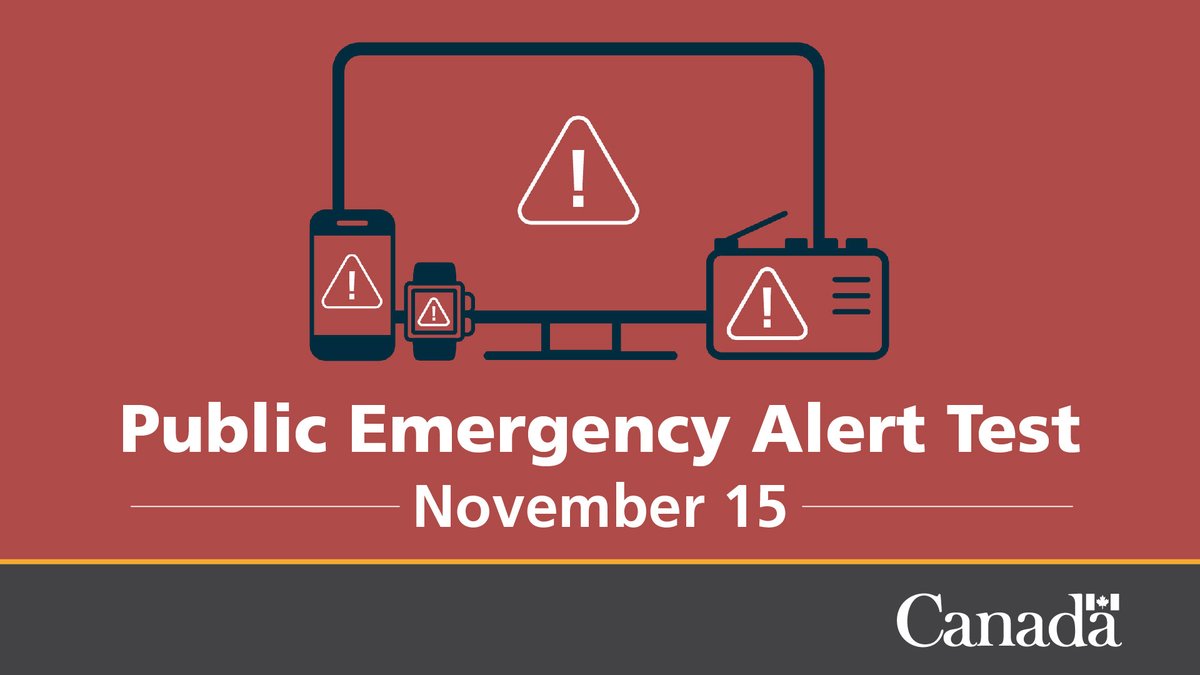 Regular testing of the #AlertReady system is necessary to ensure that we’re prepared to deliver urgent warnings to #Canadians in an emergency. Most provinces and territories will test over TV, radio, and wireless devices on Nov. 15: alertready.ca/testing-schedu…