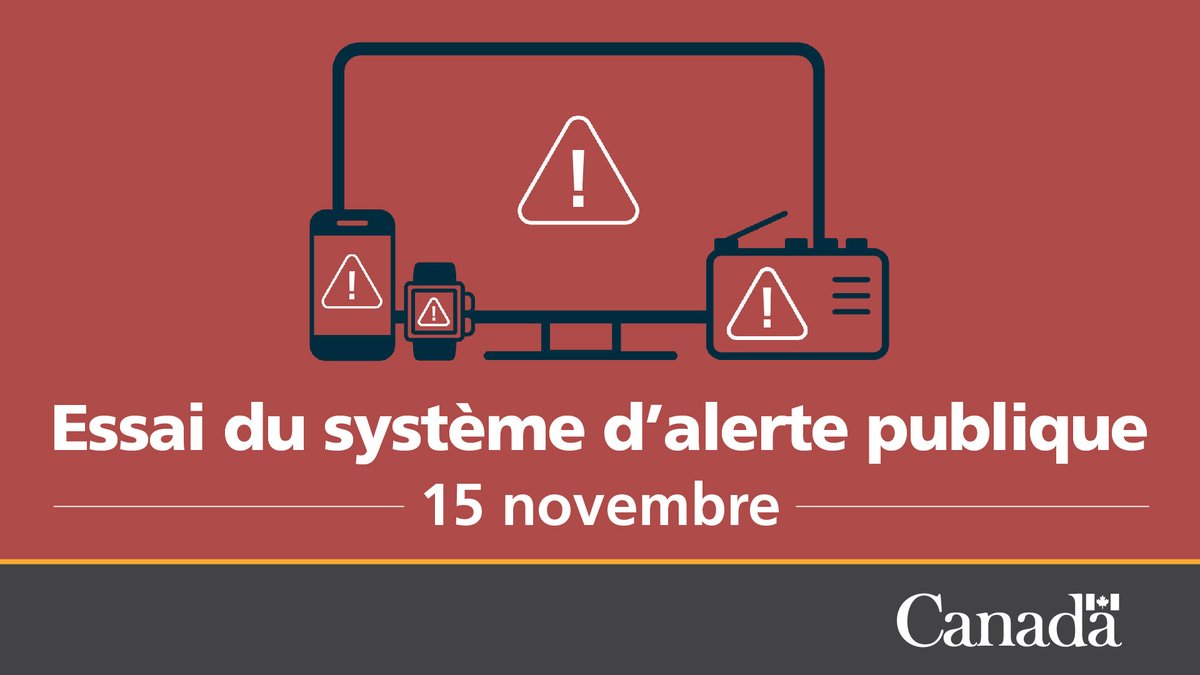 Securite_Canada's tweet image. Des essais de #EnAlerte sont nécessaires afin de s’assurer que nous sommes prêts à émettre des alertes d’urgence aux #Canadiens. Il y aura un essai dans la plupart des provinces et territoires le 15 novembre par télévision, radio et appareil sans fil : ow.ly/flbl50Q6xyo