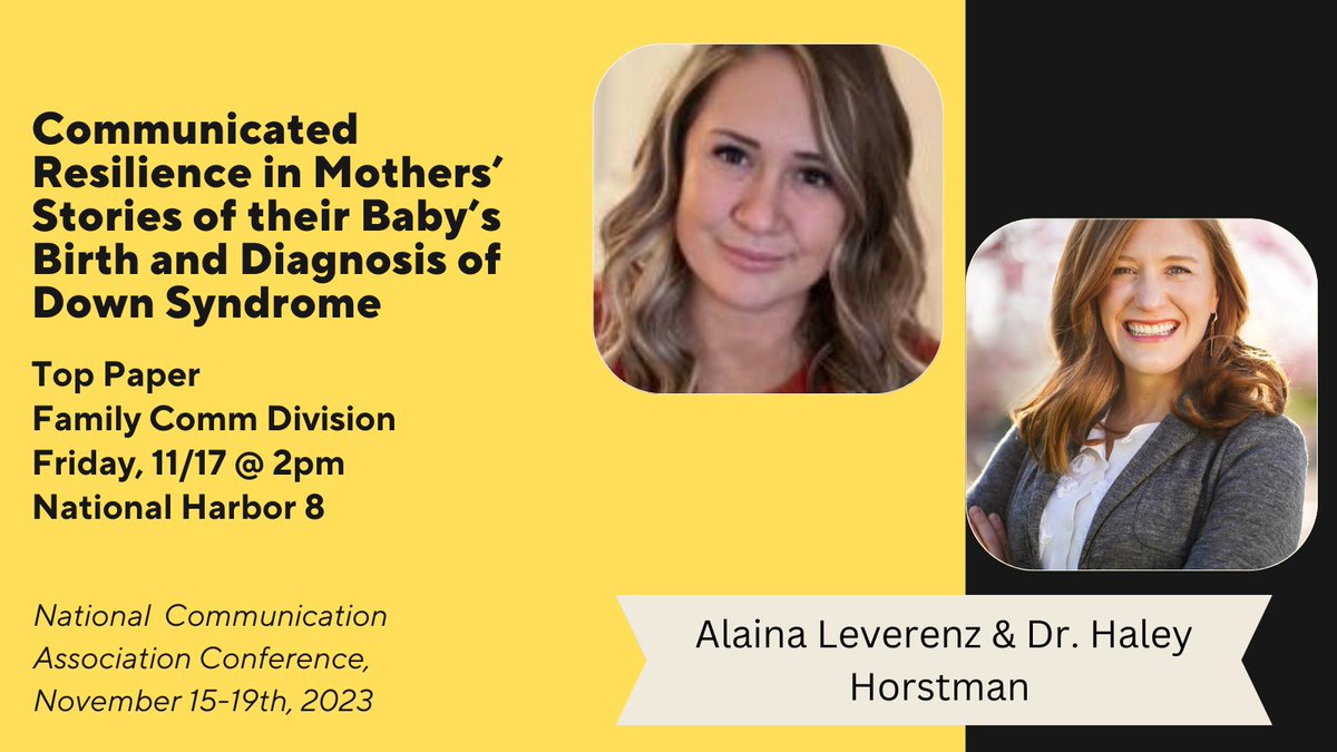 MU Comm Department (@mizzoucomm) on Twitter photo Doctoral candidate <a href="/alainaleverenz/">Alaina Leverenz, PhD</a> & Dr. <a href="/ProfHaleyH/">Haley Kran. Horstman</a>'s paper entitled "Communicated Resilience in Mothers' Stories of their Baby's Birth and Diagnosis of Down Syndrome" won a top paper in the Family Communication Division. See their presentation Friday, November 17th at 2pm EST. Doctoral candidate <a href="/alainaleverenz/">Alaina Leverenz, PhD</a> & Dr. <a href="/ProfHaleyH/">Haley Kran. Horstman</a>'s paper entitled "Communicated Resilience in Mothers' Stories of their Baby's Birth and Diagnosis of Down Syndrome" won a top paper in the Family Communication Division. See their presentation Friday, November 17th at 2pm EST.