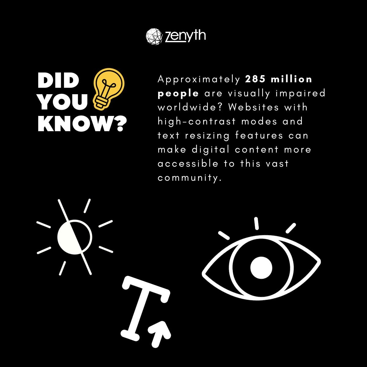 zenythgroup's tweet image. 285 million people face visual impairments, urging the need for accessible web design. We champion a digital realm where every user finds clarity and connection. Learn more at zenythgroup.com. #DigitalInclusion #VisionAccessibility #InclusiveWeb #Zenyth #DEI #disability