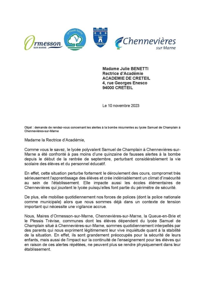 Chennevieres_94's tweet photo. Alertes à la bombe : le Maire Jean-Pierre Barnaud, a adressé un courrier cosigné par les maires d’Ormesson, de la Queue en Brie et du Plessis-Trevise, à la rectrice d'Academie pour lui faire de leur inquiétude et de celle des parents et du personnel éducatif du lycée Champlain. https://t.co/MCkzL0TRc5