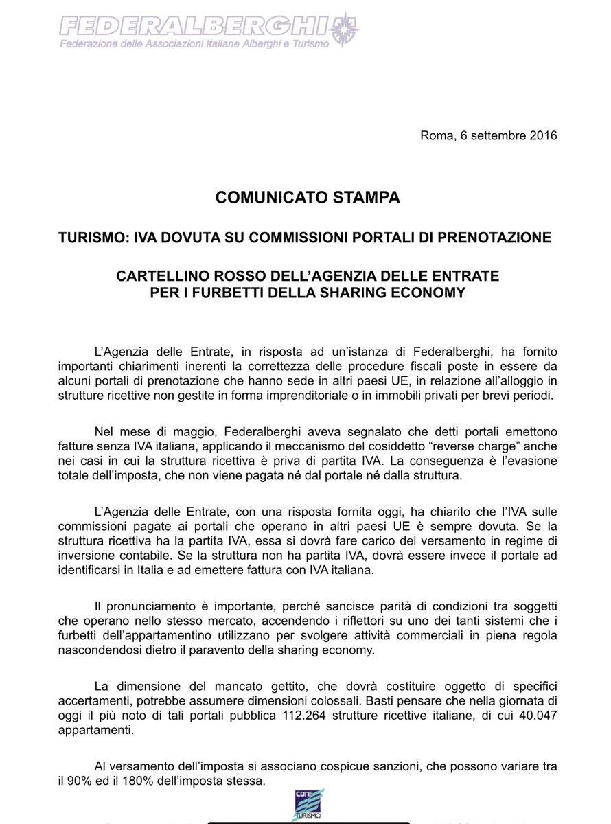 Booking-com verserà 94 milioni di euro allo Stato italiano.

Si chiude il cerchio dell’indagine avviata dalla Procura di Genova sulla base dei chiarimenti richiesti da Federalberghi all’Agenzia delle Entrate nel 2016.

Il tempo è galantuomo.

ansa.it/liguria/notizi…