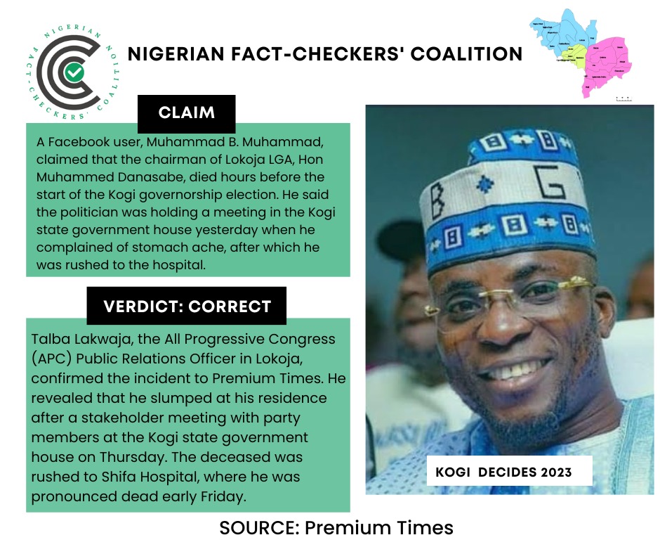 naturefact247's tweet photo. A Facebook user, Muhammad B. Muhammad, claimed that the chairman of Lokoja LGA, Hon. Muhammed Danasabe, died hours before the start of the Kogi governorship election.
VERDICT: CORRECT
SOURCE: Premium Times
#KogiDecides2023 #Election2023 #KogiElection #KogiDecides https://t.co/vBnrDEuYV1
