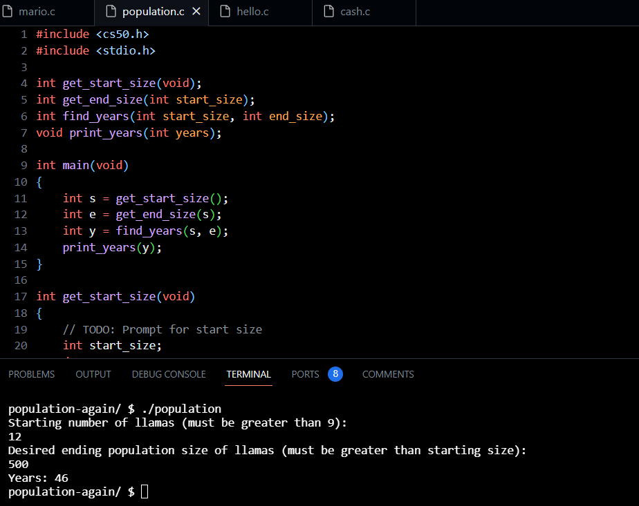 Day 34 #100DaysOfCode Went back to my old code to experiment with creating functions in C, instead of trying to put everything into the main function. Also resolved old problem sets. ✅ Redid/Improved Lab 1, Hello, Mario, and Cash Problem sets Monday I start week 2 #CS50
