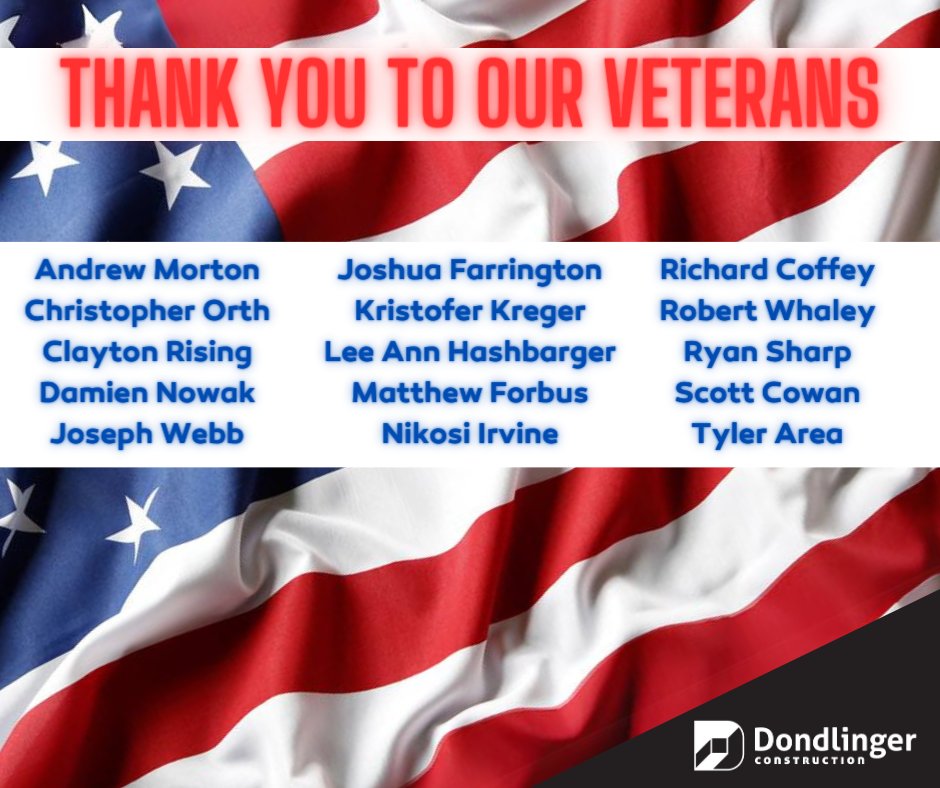 Dondlinger wishes a huge thank you to Veterans! We are thankful for the Veterans on our staff who have sacrificed and served. Have a great weekend!