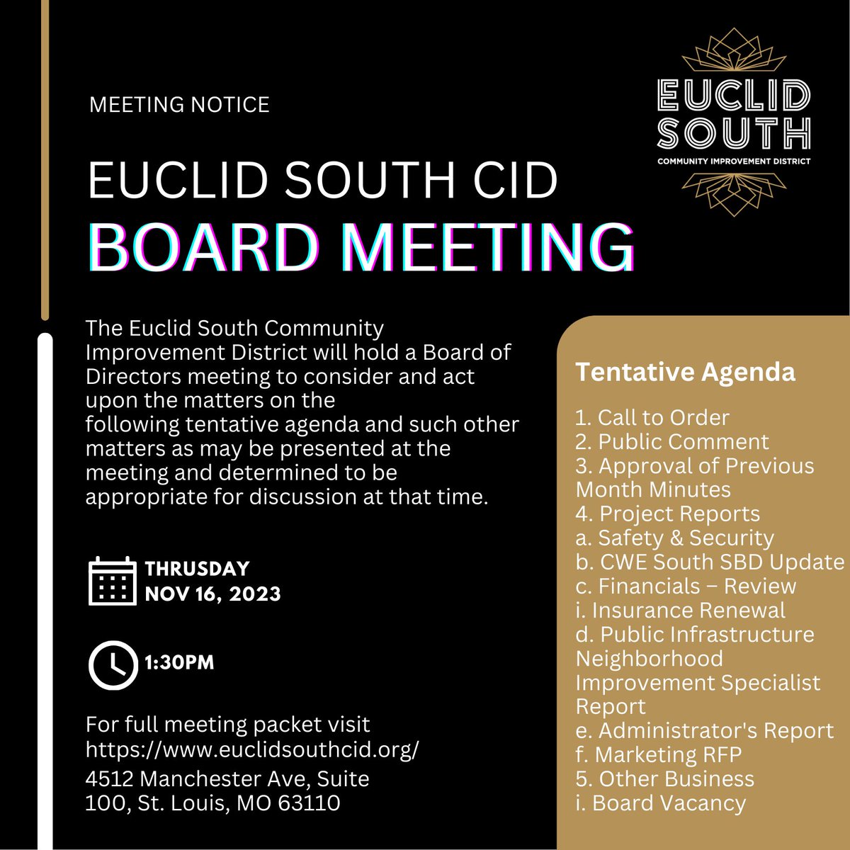 Board Meeting Notice: Euclid South CID will meet on November 16, 2023 at 1:30PM. To view tentative agenda visit our website by clicking the link in our bio. 
We hope to see you there!