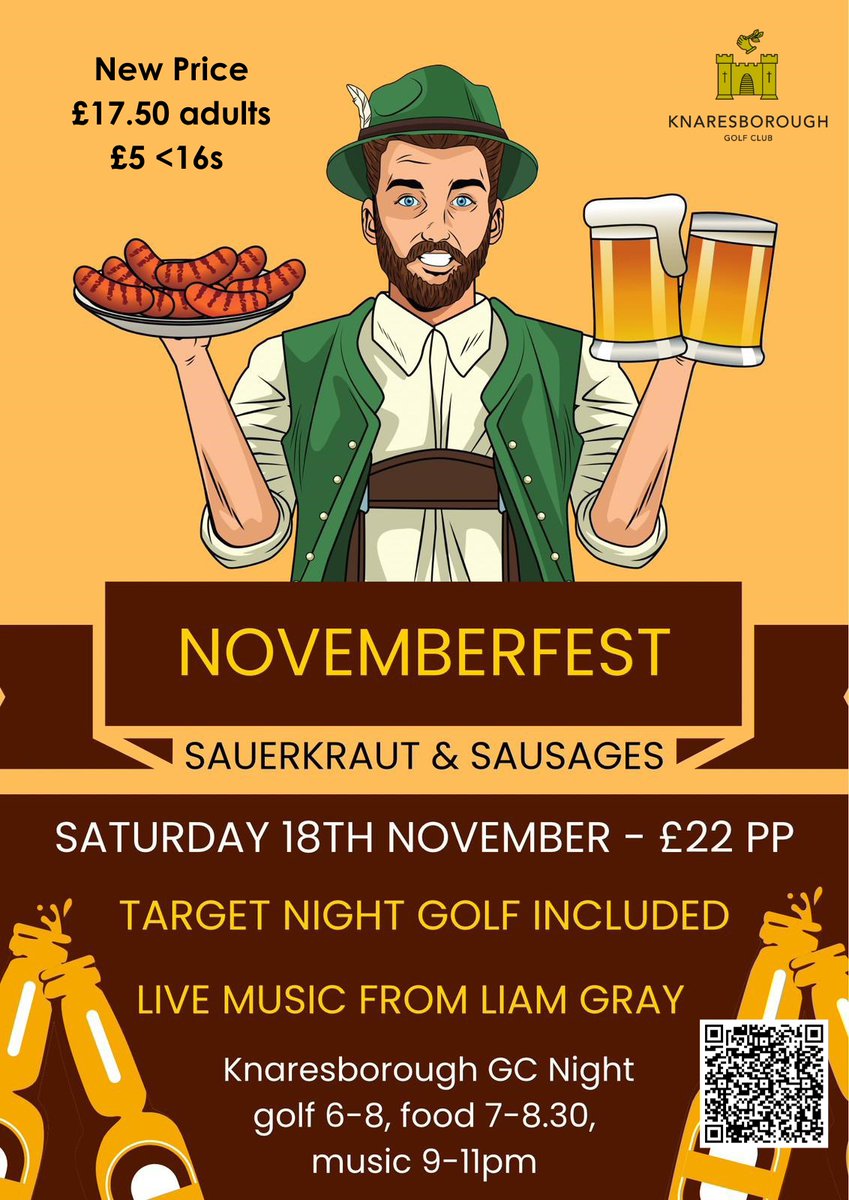 We're getting excited about our NovemberFest event which is just a week away tomorrow! A new price of £17.50pp is a bargain for LED-lit NightGolf, complimentary sausages & sauerkraut and performer Liam Gray, who'll be taking requests in advance 🤩 🎟️🎟️ticketsource.co.uk/lucifer-produc…🏌️‍♂️