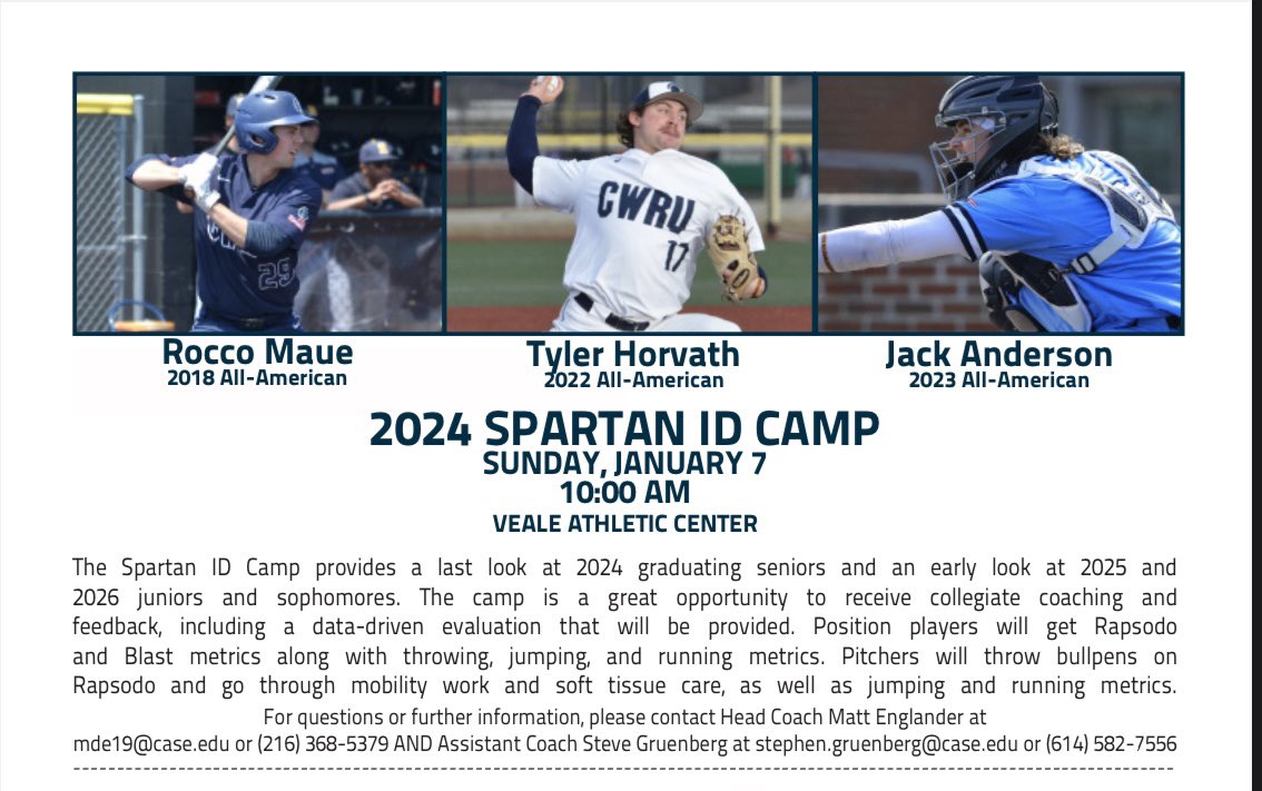 2024 Spartan ID Camp 
Sunday, January 7, 2024 
Sign-up details posted in link below:

athletics.case.edu/documents/2023…
