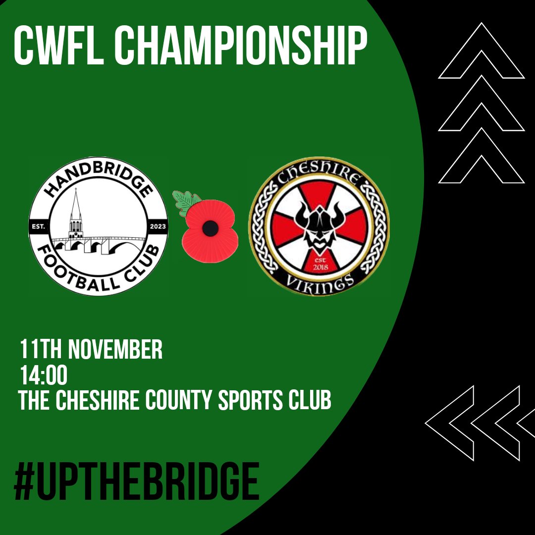 Due to a late change in fixture we now play Cheshire Vikings FC at home tomorrow as we look to start climbing back up the table! 

UPTHEBRIDGE 💚 🖤