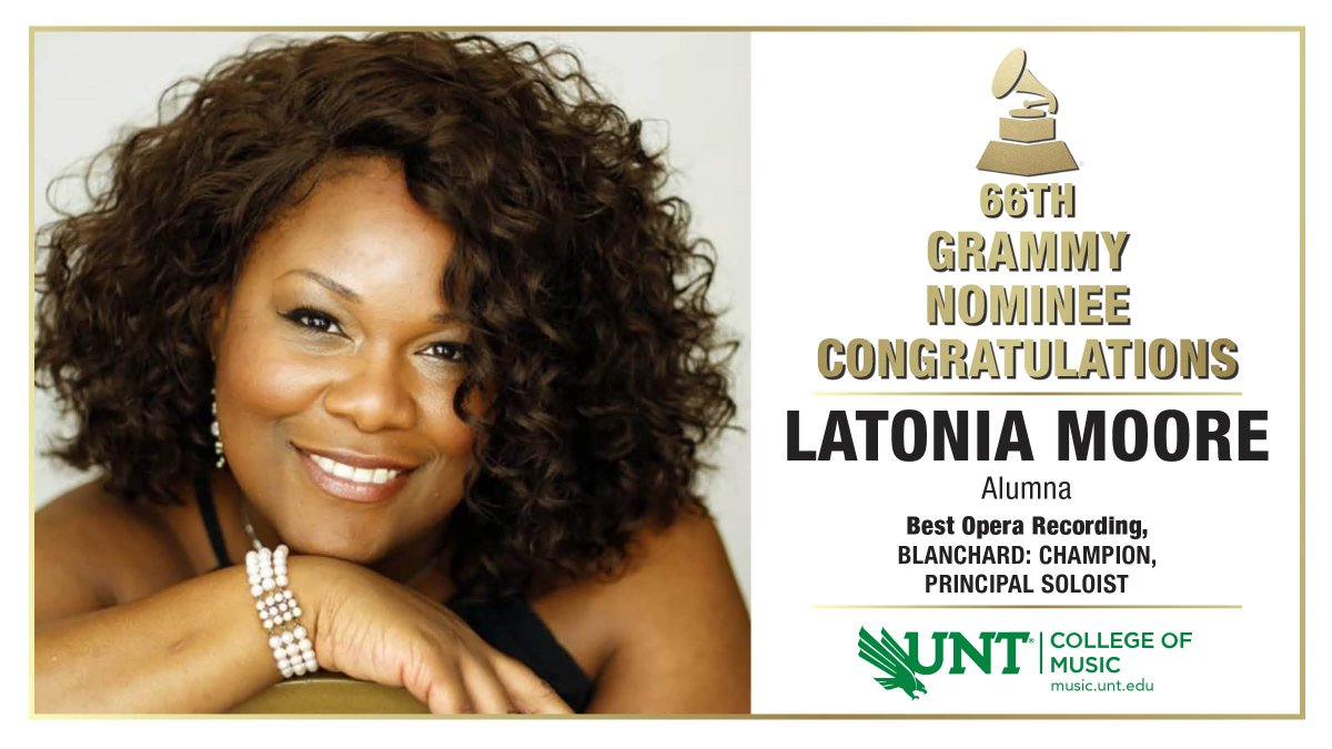 ALUMNA GRAMMY NOMINATED: As Principal Soloist for “Blanchard: Champion,” Latonia Moore has received a Grammy nomination. Yannick Nézet-Séguin conducted the Metropolitan Opera Orchestra and Chorus. @JohnWRichmond2 @UNTPrez @UNTSocial @UNTNews