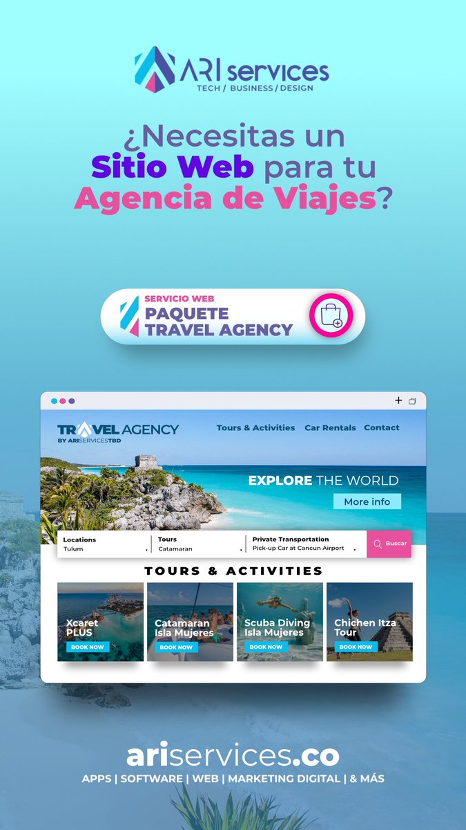 ariservicestbd's tweet photo. Paquete de sitio web para Agencias de Viaje con pagos en línea 

Más ℹ️ https://t.co/lyQDtAdpMX

#agenciasdeviaje #webdesign #diseñoweb #travelagencies #cancun, #tulum #playadelcarmen #yucatan #merida #bacalar #oaxaca #chiapas #veracruz #bocadelrio #cdmx #ciudaddemexico https://t.co/Hy3IdQO46l