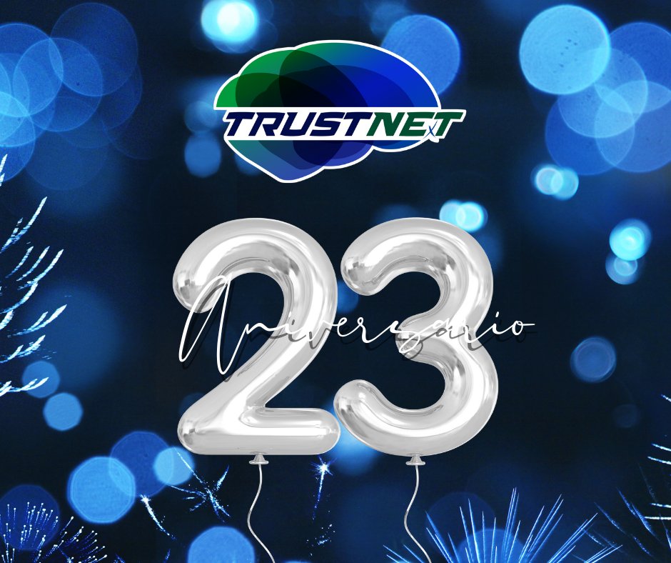¡Feliz 23 Aniversario a TRUSTNET! 💚💙 Hoy celebramos un hito importante en nuestra historia, y estamos muy agradecidos por el apoyo y la #confianza de nuestros clientes, colaboradores y amigos durante estos años. ¡Gracias por ser parte de nuestro viaje! 💫 #Trustnet #tecnología