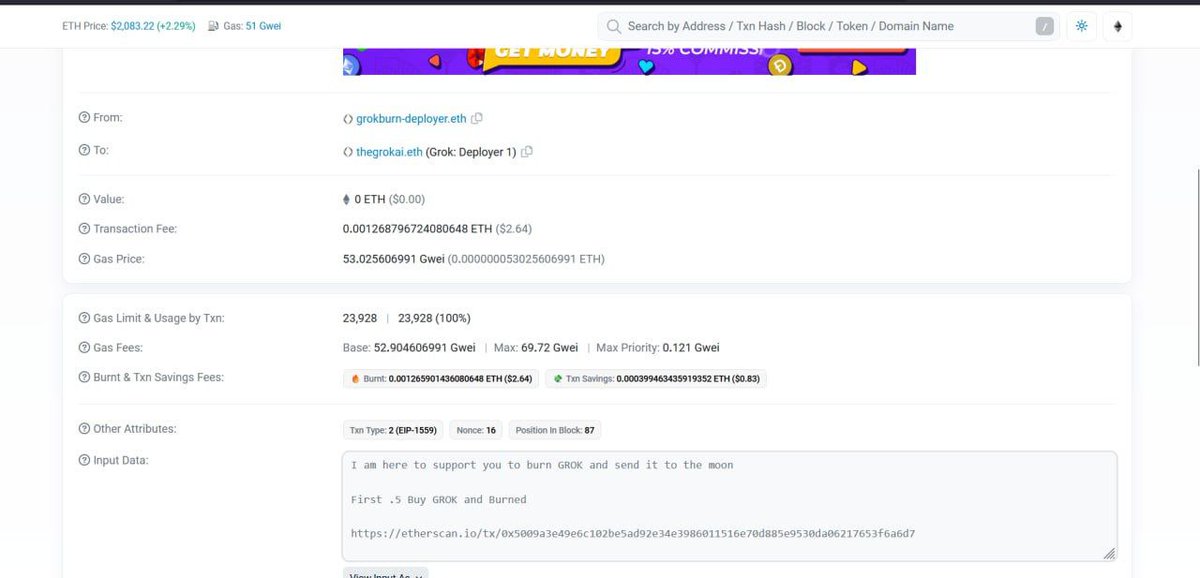 _GrokBurn's tweet photo. @GROKERC20 

https://t.co/G9cJA6Yx0p

First 0.5 eth worth of $Grok Bought and Burnt.
We will keep buying and Burning #Grok to reduce the amount in Circulation. https://t.co/toNPXH7yao