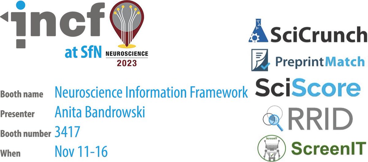 INCF at SfN!

Make sure to drop by the Neuroscience Information Framework booth #3417 &amp; meet CEO <a href="/Anitabandrowski/">Anita Bandrowski</a>! You can also schedule a meeting with her here: bit.ly/SciCrunchSfN23

#SfNTweets @SfNTweets <a href="/SciCrunch/">SciCrunch</a> #OpenScience #FAIR #neuroscience
