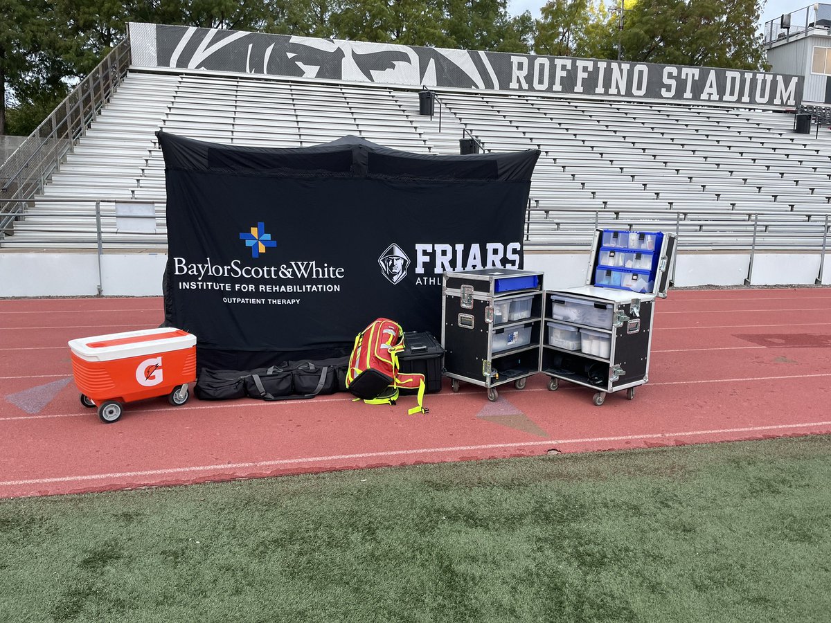 FriarsAT's tweet photo. Playoff football time from Roffino! Thanks to @bswhealth_DFW Outpatient Rehab for being there with us throughout the season! #SidelinER @KinematicCo_ https://t.co/xye4VosAqO