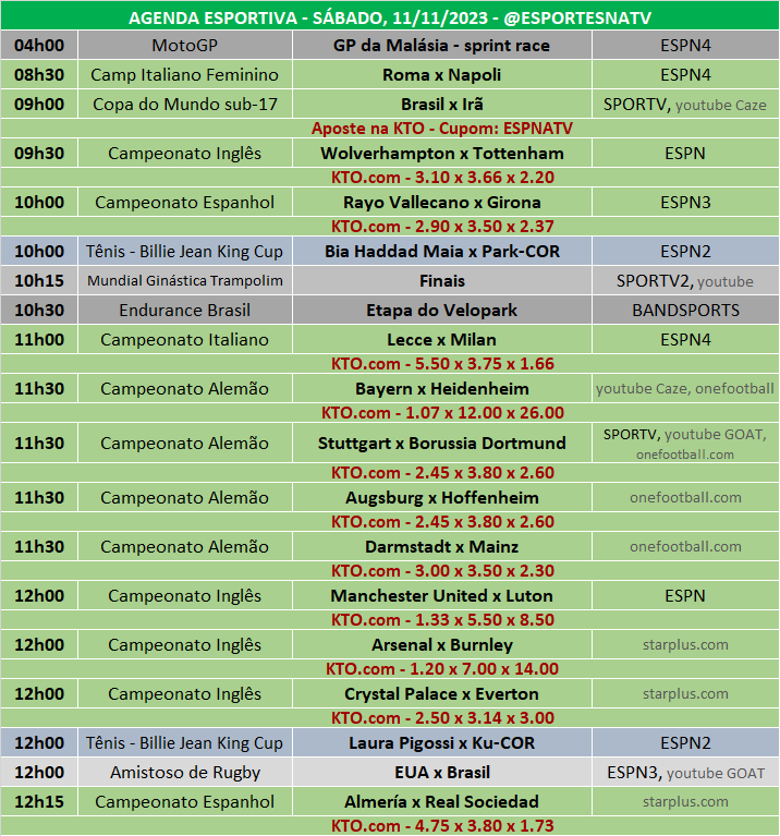 Esportes Na TV 📺 on X: A agenda esportiva deste SÁBADO (11/11/2023) Faça  sua aposta na @KTO_brasil utilizando o cupom ESPNATV no cadastro e garanta  20% de bônus no seu primeiro depósito!