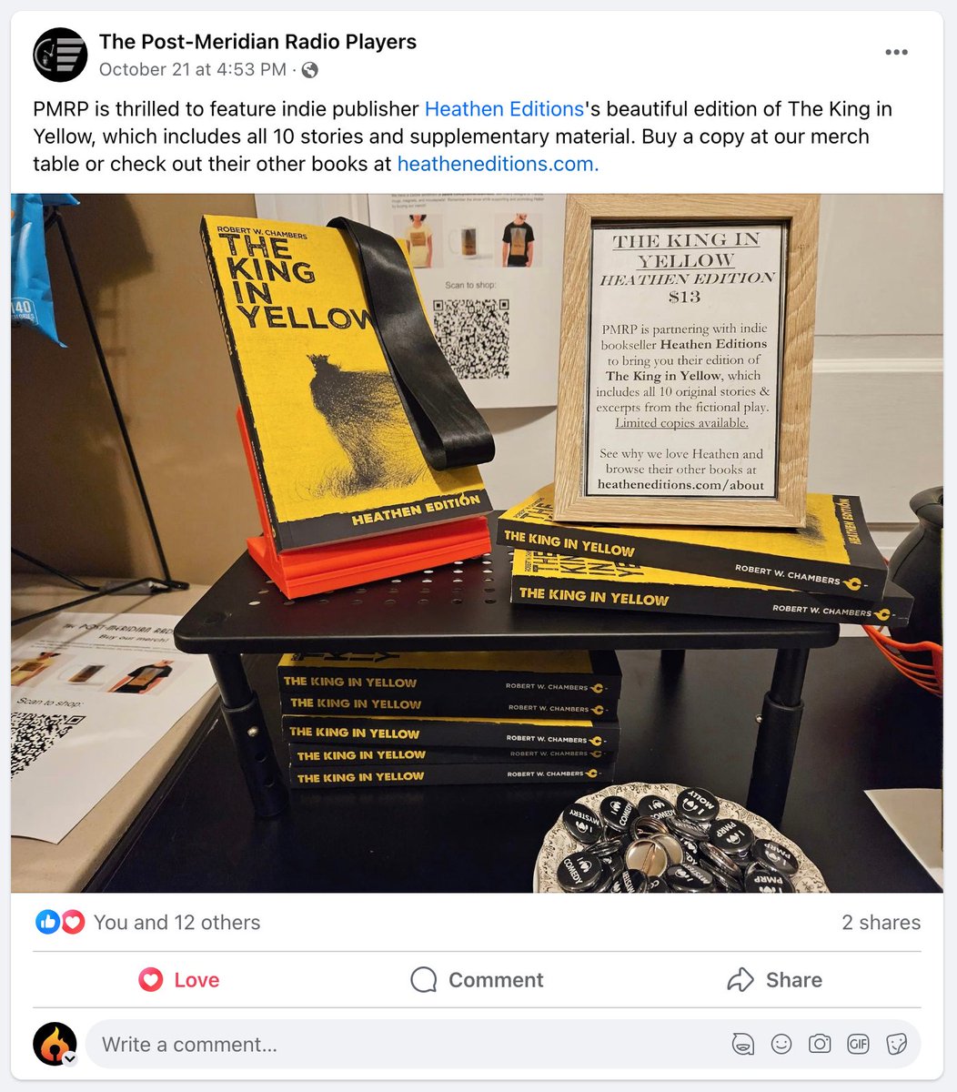heatheneditions's tweet photo. Ohhhh! We're a couple weeks behind on this, but check out how The Post-Meridian Radio Players displayed our edition of The King in Yellow! β€οΈ π
#thekinginyellow #heathenedition #robertwchambers #theyellowsign #lovecraft #book #truedetective #carcosa #cthulhu #weirdfiction https://t.co/8cslrynFNI
