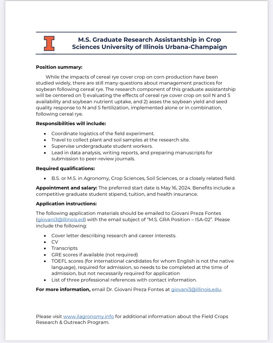 Field Advisor (@fieldadvisor) on Twitter photo .<a href="/PrezaFontes/">Giovani Preza Fontes</a> is seeking two students to work on research projects focused on conservation practices in soybean production, funded by <a href="/ILSoybean/">Illinois Soybean Association</a> in <a href="/IllinoisCropSci/">Crop Sciences</a>. See more information and the application instructions below. .<a href="/PrezaFontes/">Giovani Preza Fontes</a> is seeking two students to work on research projects focused on conservation practices in soybean production, funded by <a href="/ILSoybean/">Illinois Soybean Association</a> in <a href="/IllinoisCropSci/">Crop Sciences</a>. See more information and the application instructions below.