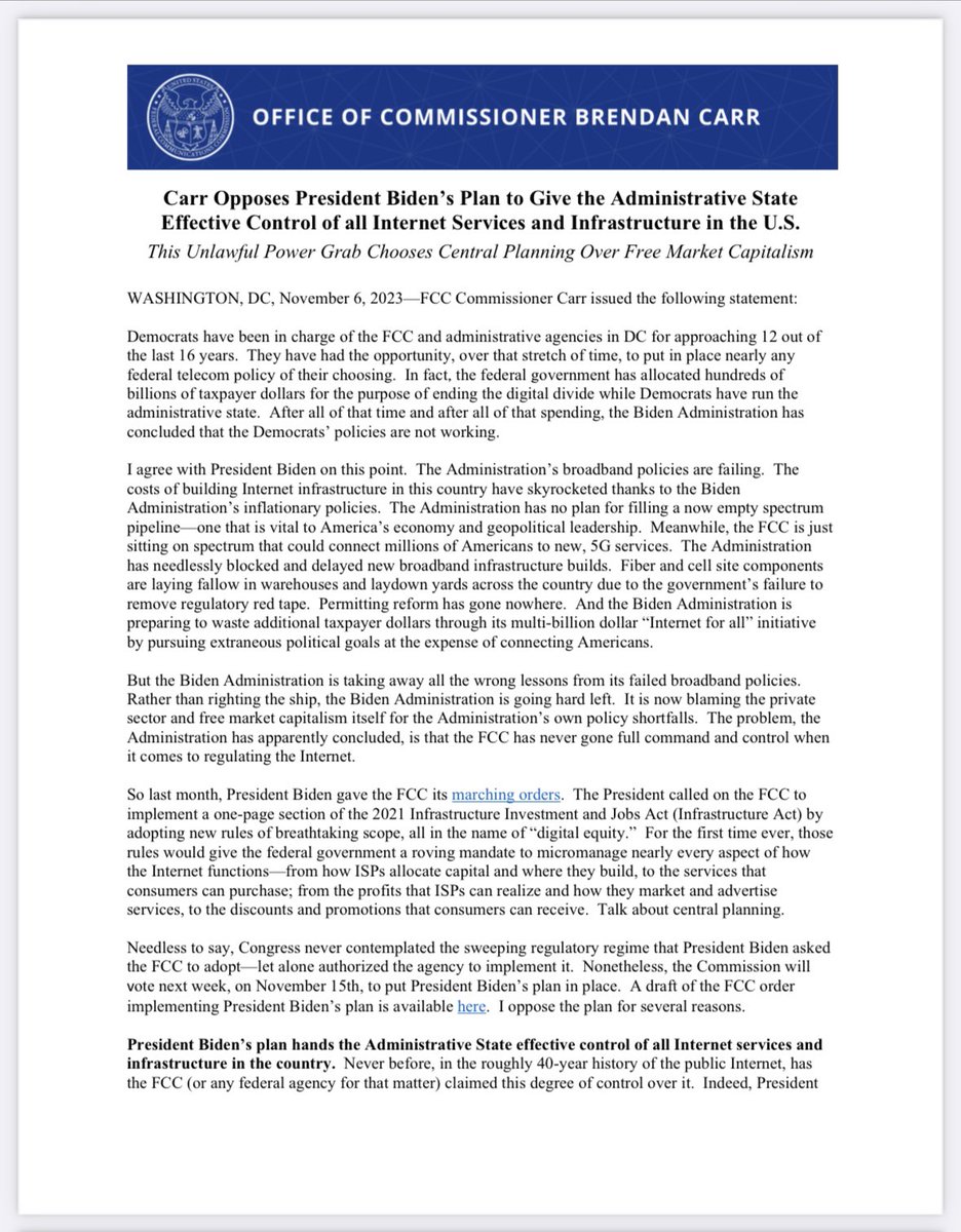 BrendanCarrFCC's tweet photo. President Biden has called on the FCC to issue a sweeping set of new regulations in the name of “digital equity.”

For the first time ever, those rules would empower the Administrative State to micromanage nearly every aspect of how the Internet functions.

I’m a no. https://t.co/jHuhH9KWcV