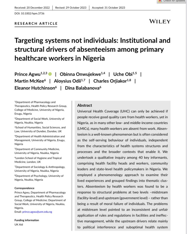 We must begin to speak tough about management defects in primary healthcare that enable absenteeism of health workers. @muhammadpate has been big on governance. We show mgt areas for quick and long fix @NphcdaNG @DinaBalabanova @Fmohnigeria @HPRG_Nigeria onlinelibrary.wiley.com/doi/full/10.10…