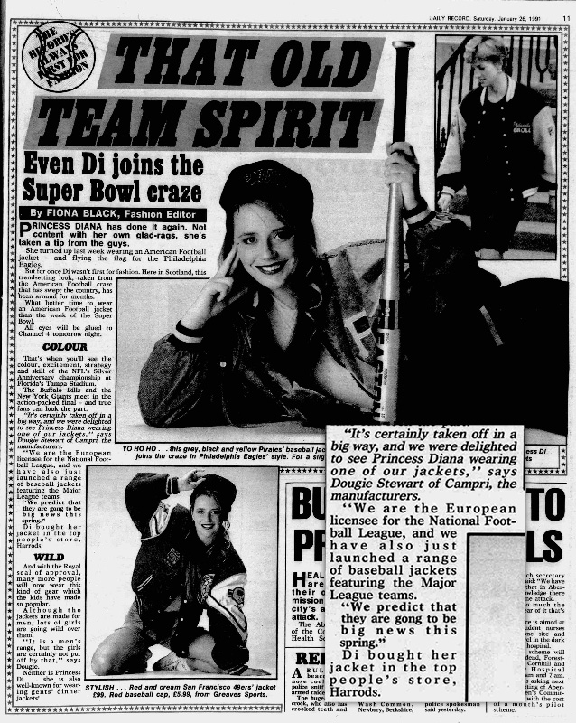 dhm's tweet photo. @RareVNTG Diana first wore the jacket in 1991, nearly a decade after the Eagles allegedly sent it to her. The story at the time was very different. The Eagles told the Daily News they didn’t send her a jacket. The UK tabloids reported she got it at Harrods. https://t.co/rMe44ezD8m