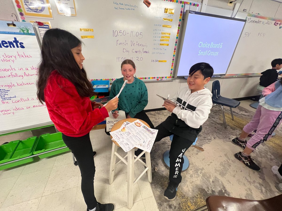 MsFearrington's tweet photo. Today in math we practiced adding decimals by running our own restaurants! Customers bought food, and cashiers added up the price. Sundaes were one of the most popular purchases 🍨 https://t.co/ooqdO9On36