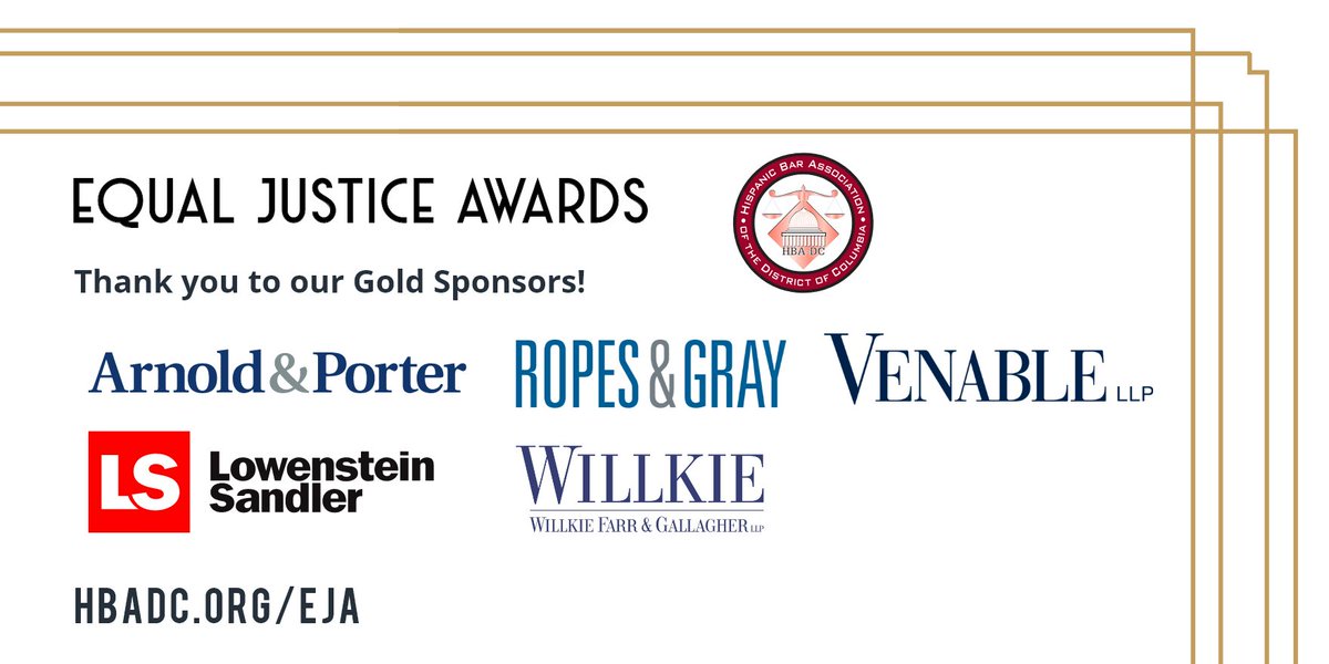 Hispanic Bar Assn DC (@hbadc) on Twitter photo HBA-DC thanks all of our 2023 EJA Gold Sponsors for supporting a fantastic event: Arnold & Porter Kaye Scholer LLP, <a href="/LowensteinLLP/">Lowenstein Sandler</a>, <a href="/RopesGray/">Ropes & Gray</a>, <a href="/VenableLLP/">Venable LLP</a>, and <a href="/WillkieFarr/">Willkie</a> - hbadc.org/eja.
#HBADCEJA2023 HBA-DC thanks all of our 2023 EJA Gold Sponsors for supporting a fantastic event: Arnold & Porter Kaye Scholer LLP, <a href="/LowensteinLLP/">Lowenstein Sandler</a>, <a href="/RopesGray/">Ropes & Gray</a>, <a href="/VenableLLP/">Venable LLP</a>, and <a href="/WillkieFarr/">Willkie</a> - hbadc.org/eja.
#HBADCEJA2023