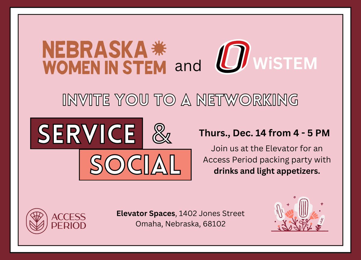 We are excited to partner with UNO WiSTEM to host a Service & Social supporting @access_period ! Join us on December 14 for networking and period product packing. Register here - nebraskawomeninstem.com/service-social/