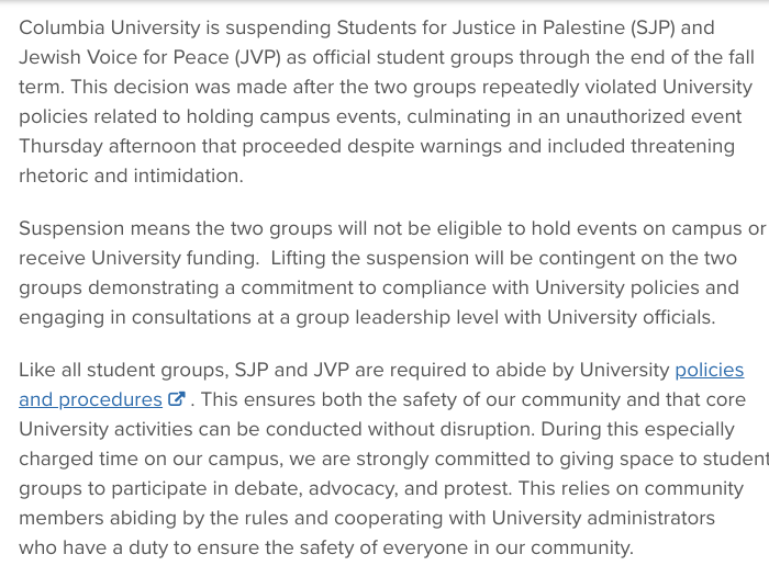 ArtFletcher9's tweet photo. #BREAKING: #NEWS: #MANHATTAN: #NEWYORK: Friday, November 10, 2023, 3:45 P.M. ET. @Columbia Has #Suspended 2 #ProPalestinian #StudentGroups #Students For #Justice In @Palestine & #Jewish Voice For #Peace For #Violating #UniversityPolicies Through The End Of The Fall Semester: @wireless_step @HRG_Media @CitizenFreePres @LodiNJNews @Breaking911 @Breaking24_7 @USATRUMPMAN1 @gator4kb18 @MichelleF_35 @TrumpWasRite @MagaPatriotHM @Heather46389844 @SugarMAGA @debbie84620046 @MagaisLife @ksMaga87 @JtShaggy @TismeforTrump @FFT1776 @Tampabayboo