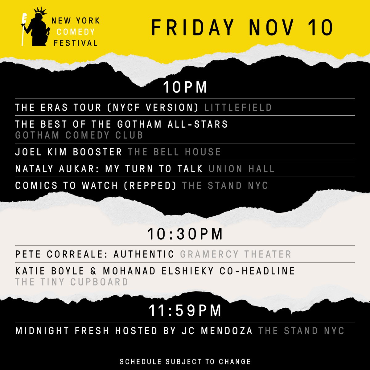 Tonight we have @donnellrawlings taping his Dave Chappelle-produced stand up special at Hard Rock Hotel, @brettgoldstein with a 3 night stand at @BeaconTheatre, @anthonyjeselnik, @michelleisawolf, @attell & Friends, @nicolebyer, @BillBurr, @TimJDillon & much more!