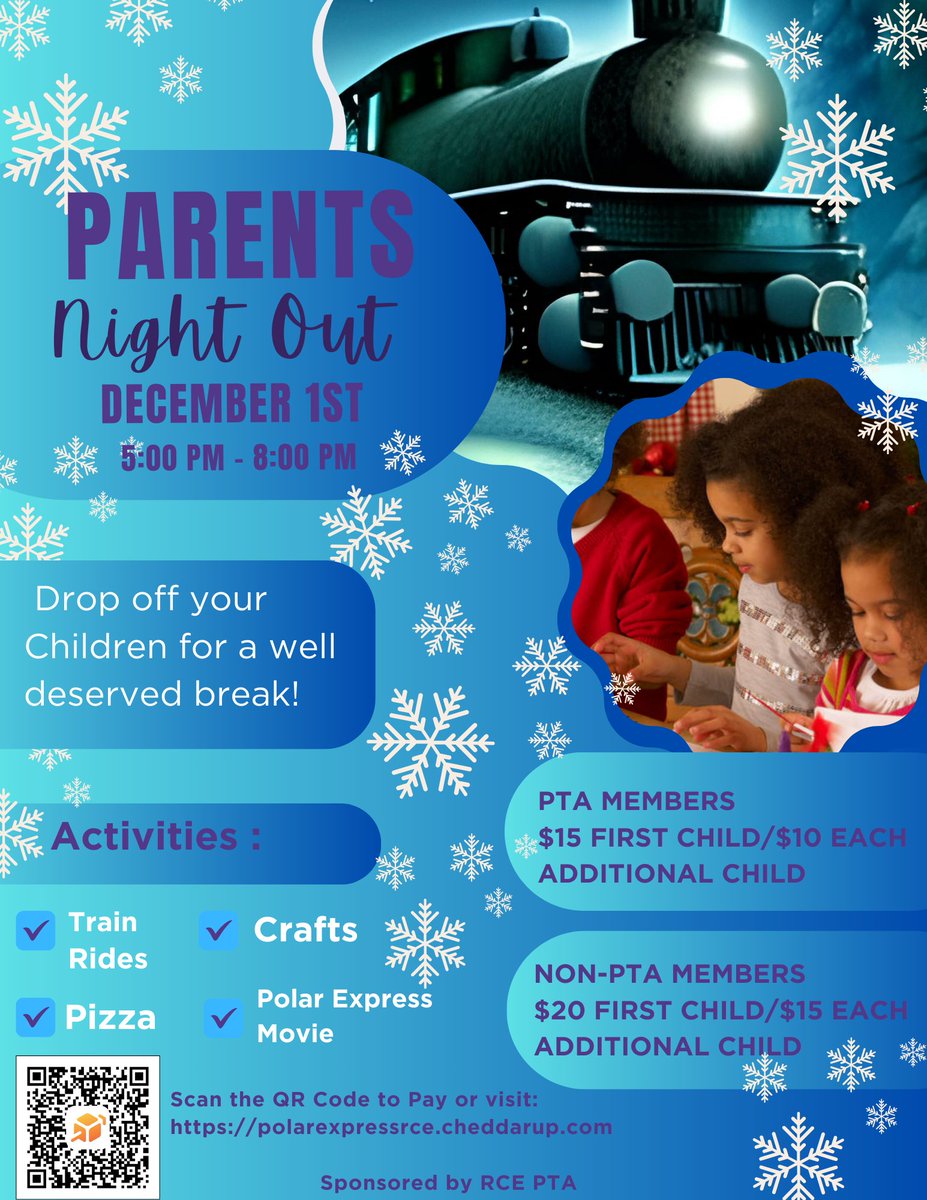 Parent's Night Out on Dec 1, 5-8! Drop off your kids for train rides, crafts, pizza, and a movie. Scan the QR code to register. K-3rd graders get FREE educational animal encounters on Dec 4. Permission slips and order forms will be sent home. #CubCommUNITY <a href="/HumbleISD_RCE/">Ridge Creek Elem</a>