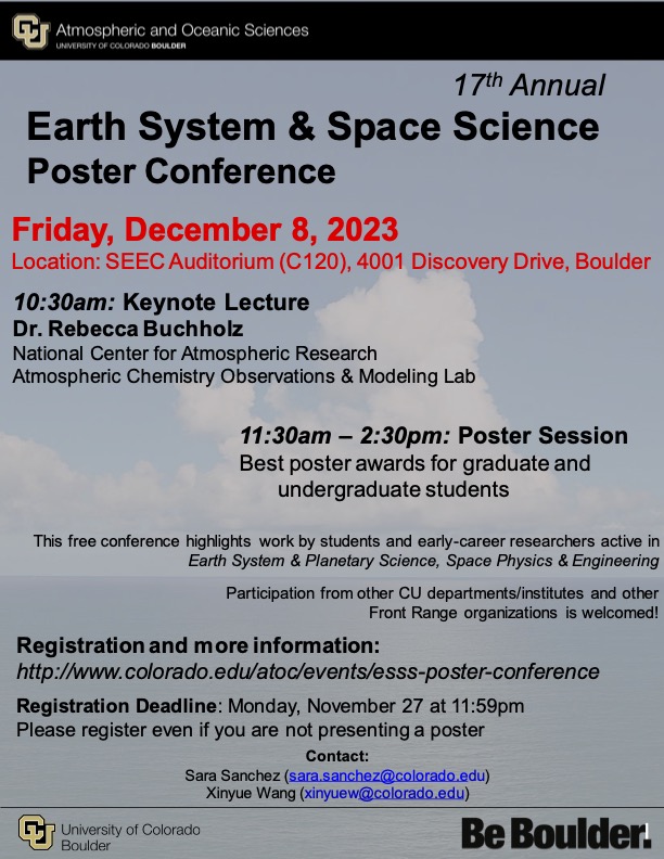 ATOC at CU-Boulder (@cuboulderatoc) on Twitter photo The Earth System and Space Science Poster Conference will take place on Dec 8, 2023. We invite you to the keynote lecture “Fire in the Earth System: interactions between climate, fire and the atmosphere” by Dr. Rebecca Buchholz <a href="/rrbuchholz/">Rebecca Buchholz</a> <a href="/NCAR_ACOM/">NSF NCAR ACOM</a>. Please register by Nov 27! The Earth System and Space Science Poster Conference will take place on Dec 8, 2023. We invite you to the keynote lecture “Fire in the Earth System: interactions between climate, fire and the atmosphere” by Dr. Rebecca Buchholz <a href="/rrbuchholz/">Rebecca Buchholz</a> <a href="/NCAR_ACOM/">NSF NCAR ACOM</a>. Please register by Nov 27!