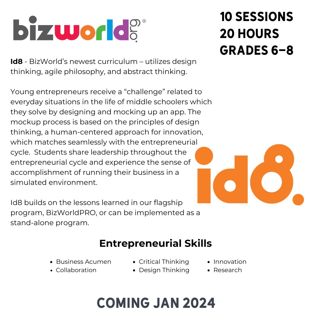 Coming Soon! Id8 - BizWorld’s newest curriculum – utilizes design thinking, agile philosophy, and abstract thinking.