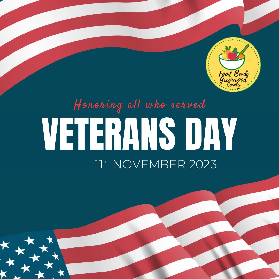 foodbank_GWDSC's tweet photo. Honoring our Veterans today and always! Thank you for your service and sacrifices to protect our freedom! 
In observance of Veterans Day our offices and pantry will be closed on Monday, November 13th. We will reopen on Tuesday, November 14th at 10 am. https://t.co/pmunRvQDXC