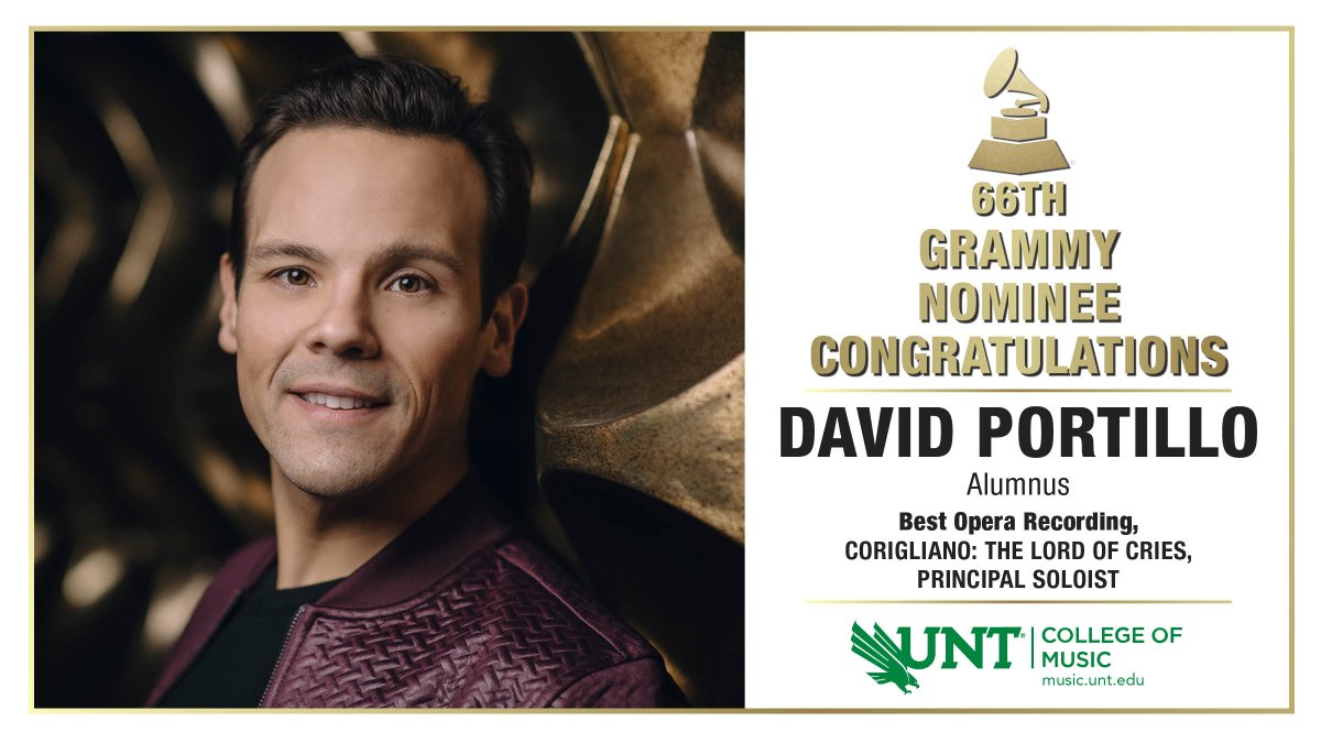 GRAMMY NOMINATION TO ALUMNUS: Tenor David Portillo (MM’05) received Grammy nomination as principal soloist for “Corigliano: The Lord Of Cries.” Gil Rose produced/conducted Boston Modern Orchestra Project and Odyssey Opera Chorus. @JohnWRichmond2 @UNTPrez @UNTNews @UNTSocial