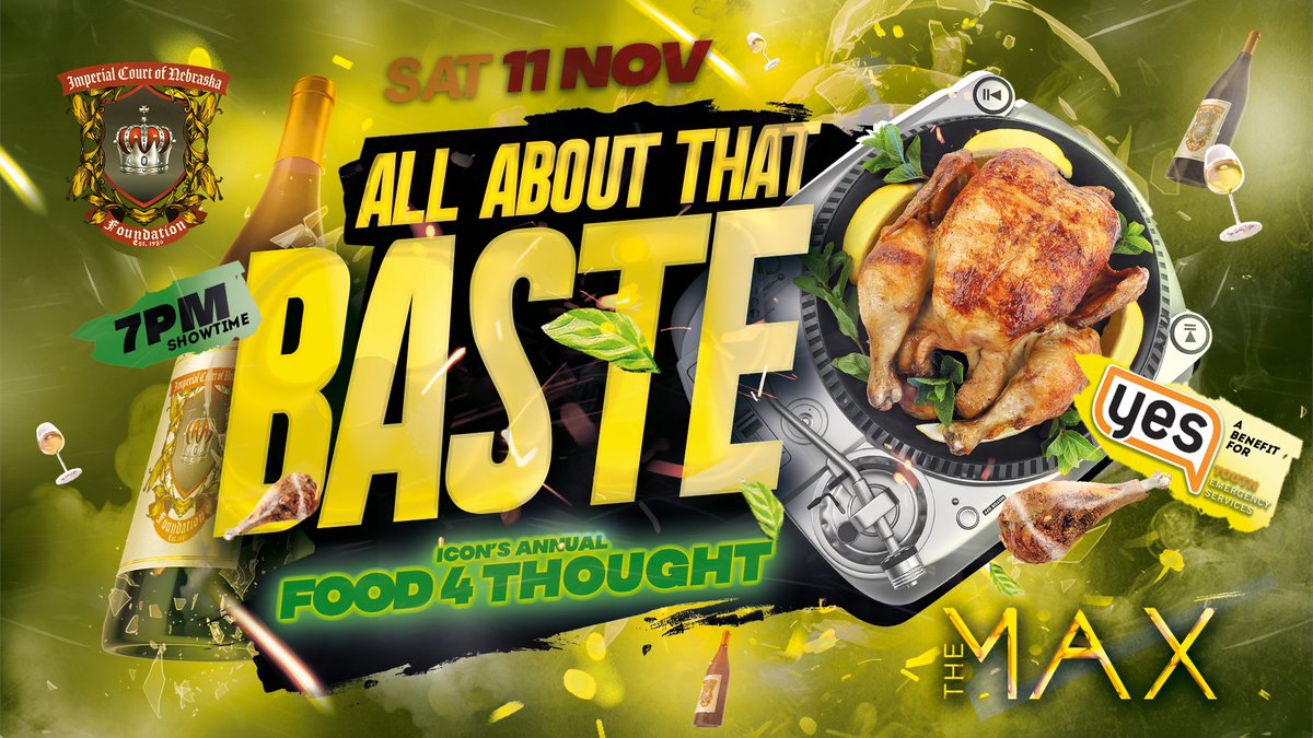 themaxomaha's tweet photo. WEEKEND LINEUP...It's All About That Baste this Saturday at 7PM. ICON hosts its annual Food4Thought event benefitting Youth Emergency Services  @yesomaha #dragshow #entertainment #party #weekendfun #clubbing #nightlife #themaxomaha #cocktails #omaha #lgbtq🌈 #letsparty #gay https://t.co/aN9VSBK5YX