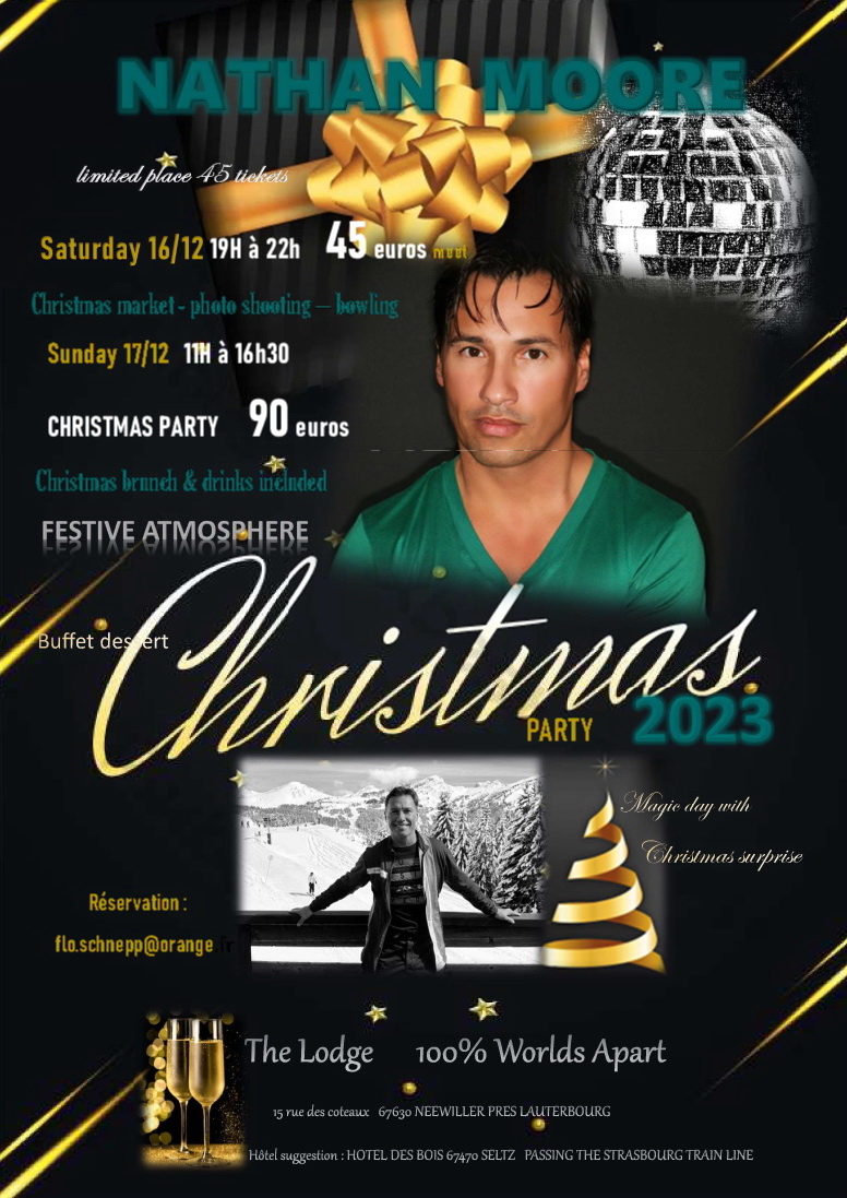 🎄FRIENDS exceptional event🎄celebrating Christmas with NATHAN MOORE🎤2 days of complicity🎤fun🎳Christmas meal&amp; drinks included full day with songs🎤festive atmosphere around the tree🎄limited tickets 45 places🎤atmosphere privileged close to Nathan from WORLDS APART lots of🎁🥳