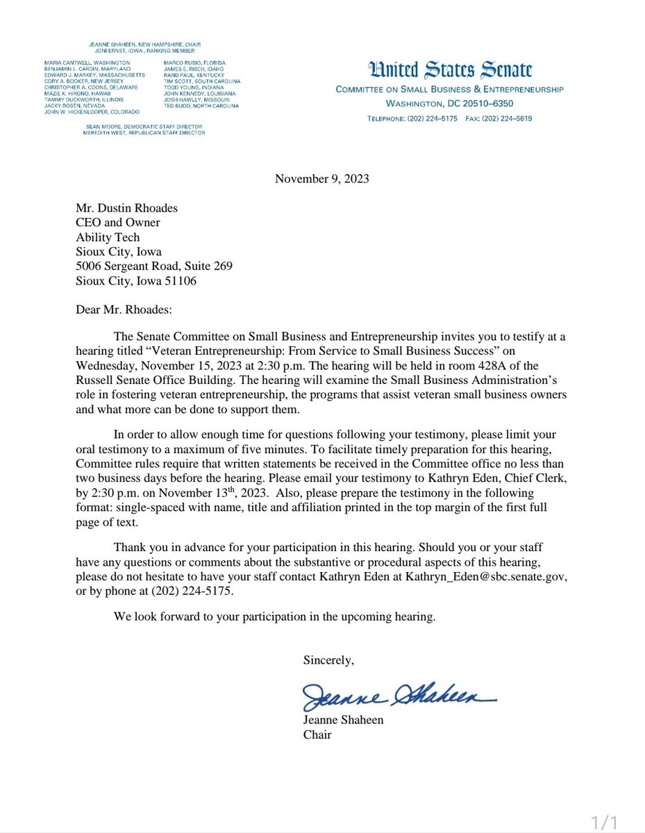 Exciting news! Ability Tech Founder, Dustin Rhoades, selected as a key witness for Senate Small Business Committee Hearing on Veteran Entrepreneurship! 🇺🇸 As he shares insights into the transformative impact of entrepreneurship on veterans.

Join us on FB to get all the info.