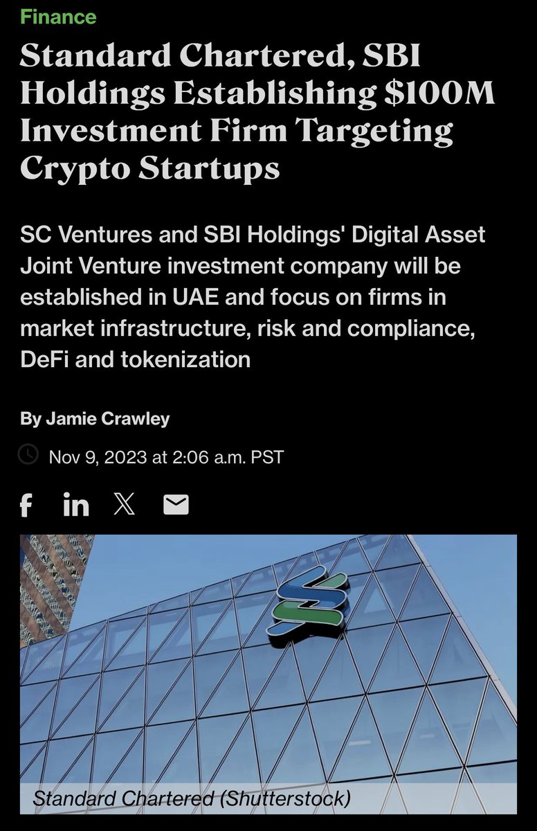 Standard Chartered và SBI Holdings sẽ đầu tư $100 triệu USD vào các công ty khởi nghiệp crypto, tập trung vào lĩnh vực tiền điện tử và Metaverse tại UAE.