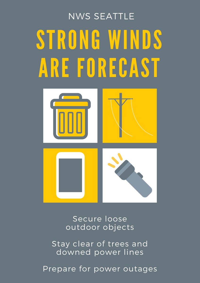NWSSeattle's tweet photo. A stronger weather system will move across the area tonight into Saturday for increasing rain and winds. South winds will increase this evening, and peak tonight into early Saturday morning.  Power outages and localized tree damage possible! #WAwx https://t.co/CutYsBto6B