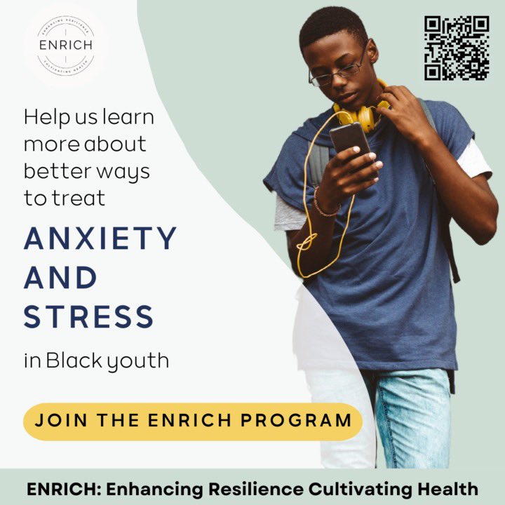 enrich_program's tweet image. The @enrich_program is currently recruiting for new studies! Happy to answer any questions and/or discuss any opportunities for community collaboration! :)

#BlackinMentalHealth #BlackinMH 
#BIMH #GeorgiaMentalHealth #namigeorg #BlackYouth