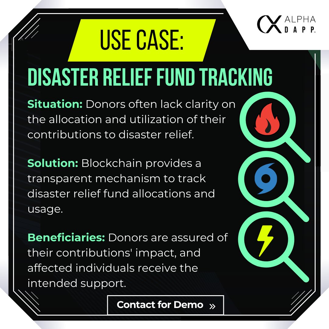 Revolutionizing #DisasterRelief with our Blockchain Fund Tracking! ✅ Clear allocation &amp; usage of funds. ✅ Donors see the real impact. ✅ Affected individuals get proper support. Ready to make a tangible difference? DM us for a demo! #TechForGood #Blockchain #Innovation