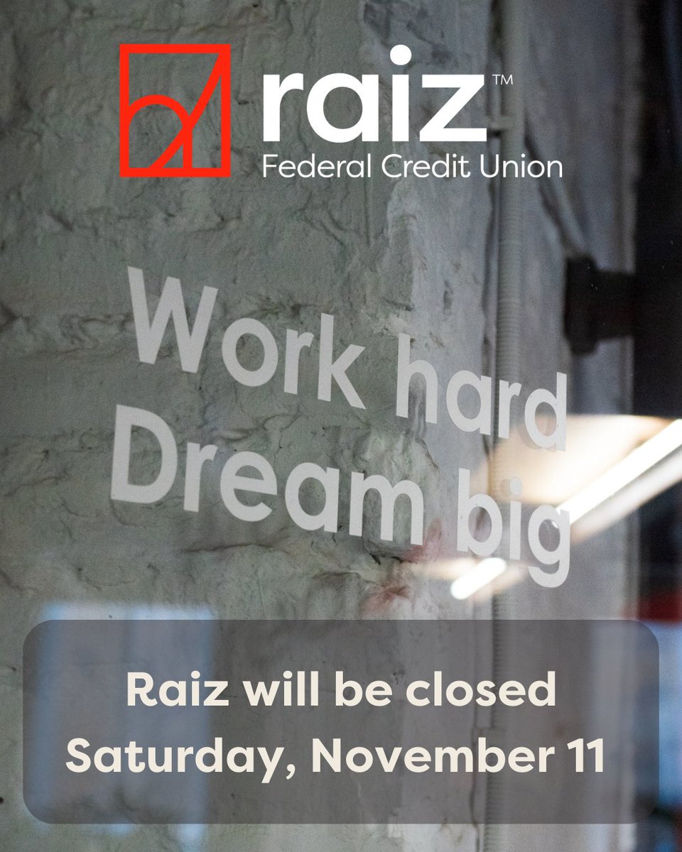 Raiz will be closed on Saturday, November 11, in observance of Veterans Day. 🇺🇸
Our 24-hour ATMs and convenient digital banking services remain available for your convenience.