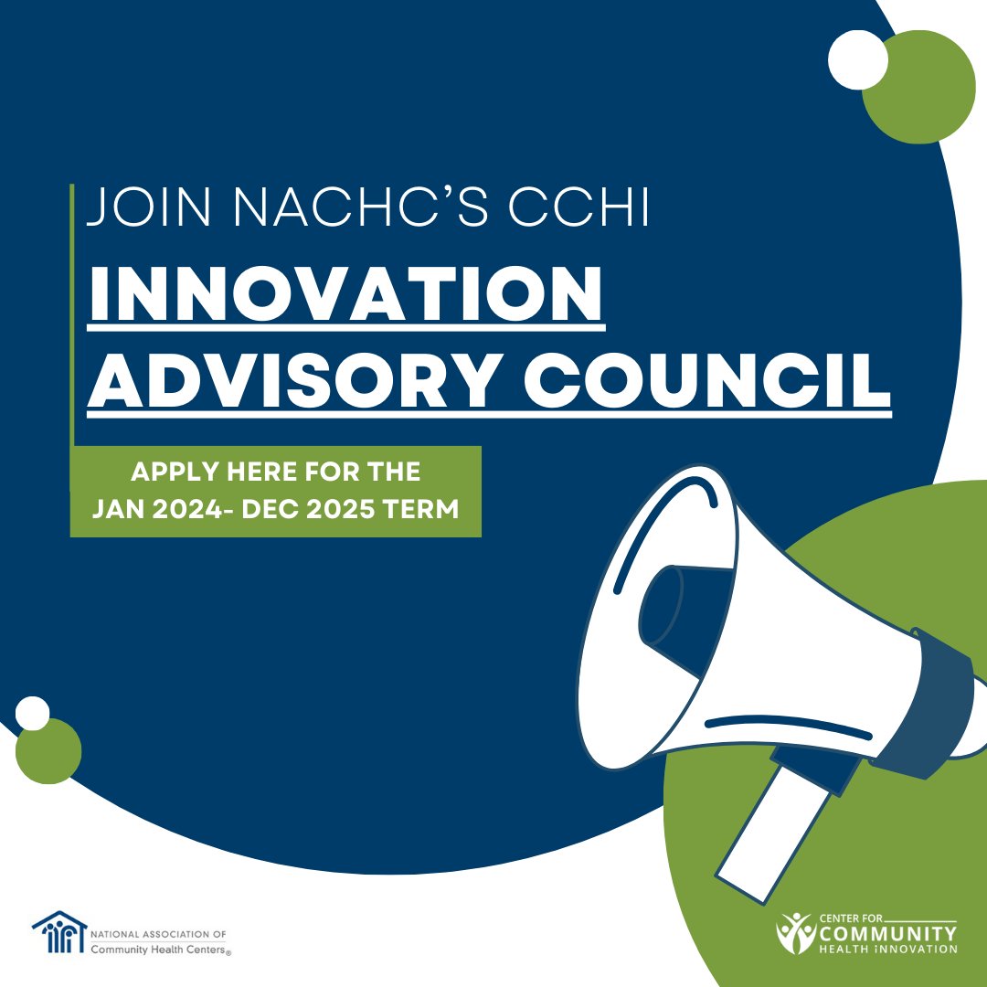 NACHC's tweet photo. Interested in being part of our work to promote innovation for Community Health Centers? 

Join NACHC’s Innovation Advisory Council! Applications due November 29, 2023. #CHCsInnovate https://t.co/ho4NIcP79F https://t.co/ADqUh58lsz