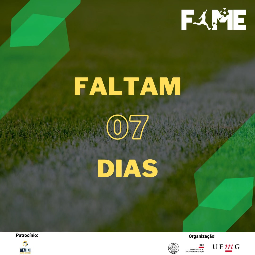 📢 A contagem regressiva continua: apenas 7 dias para o FAME '23! 🎉 Prepare-se para uma jornada de insights e networking no mundo da análise de futebol! ⚽📊 #FAME2023 #Countdown #FootballAnalytics #Networking