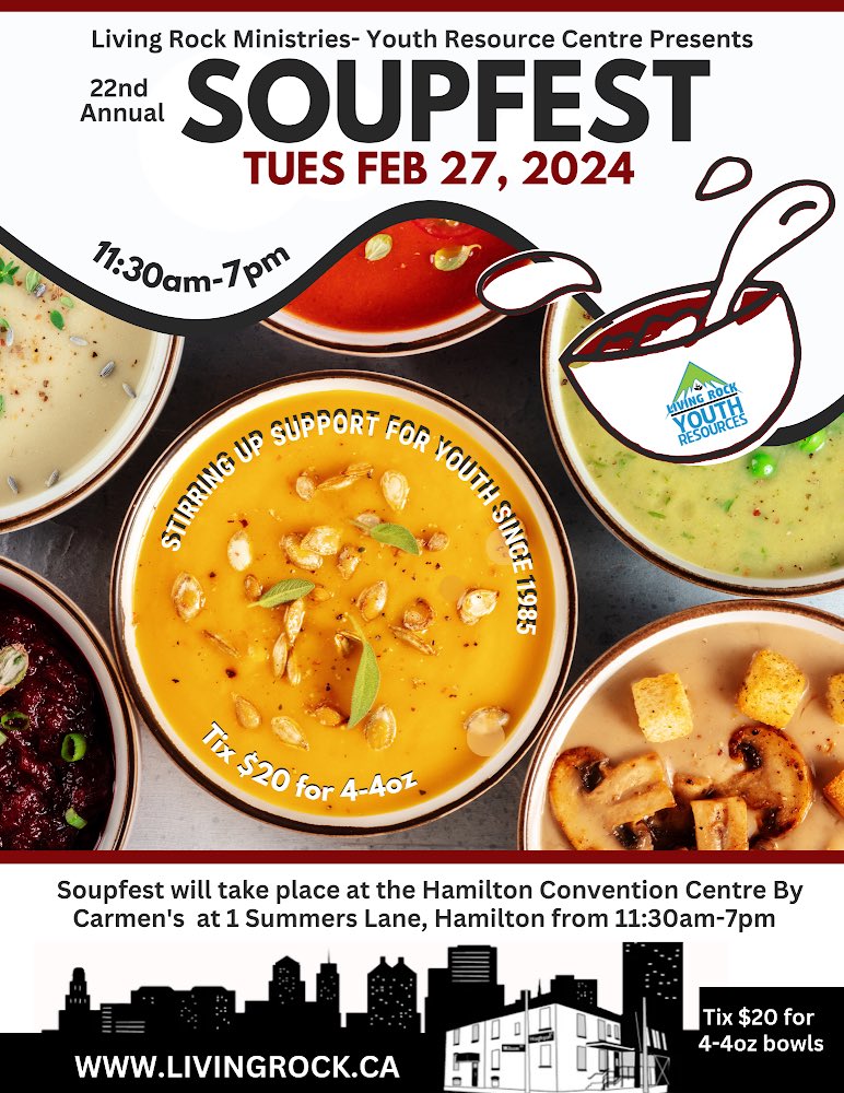 .<a href="/SOUPFESTinHamON/">Living Rock-Soupfest</a> is back!!
One of my favourite events, Soupfest in support of <a href="/LivingRockHamON/">LivingRockMinistries</a> is happening February 27, 2024, and the dream team of judges is returning too!!