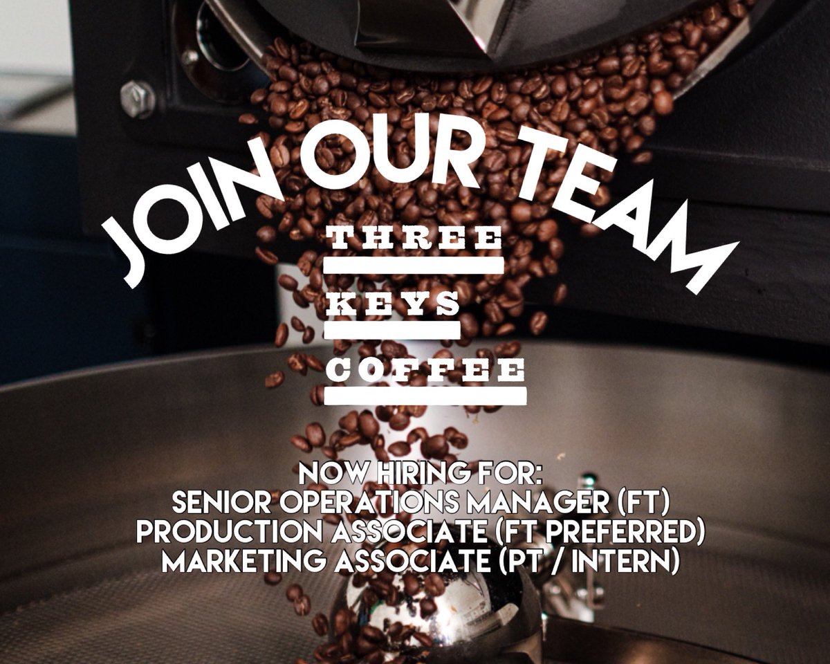 Three Keys Coffee is hiring! We have 3 positions we are looking to fill. Apply via Indeed, LinkedIn, or Handshake. Feel free to share widely.