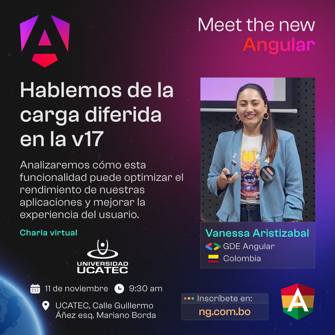 angularBolivia's tweet image. 🎤 Conoce a nuestro próximo speaker: Vanessa Marely Aristizabal Angel 🚀

📣 Título de la Charla: Hablemos de la carga diferida en la v17

📎 Link de registro: ng.com.bo
📅 Sábado 11 de noviembre
🕞 9:30 AM
📌 UCATEC

#Angular #StandaloneComponents #TechTalks